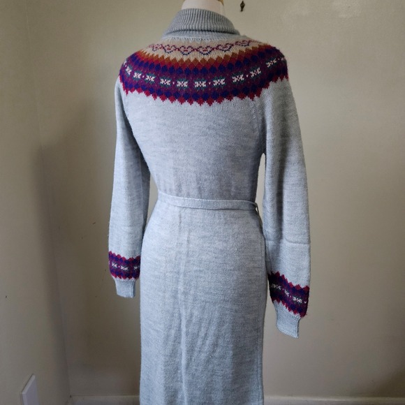 Vintage 70s 80s Celebration Grey Fair Isle Turtleneck Sweater Dress Belt Midi M - Picture 7 of 8